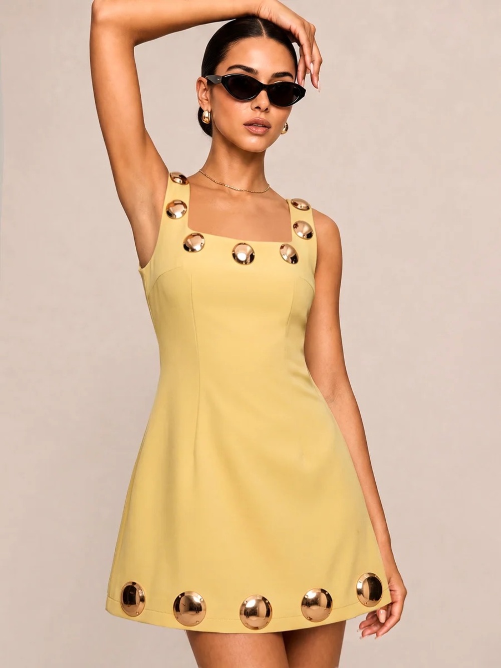 Commense Square Neck Metal Detail A-Line Mini Dress